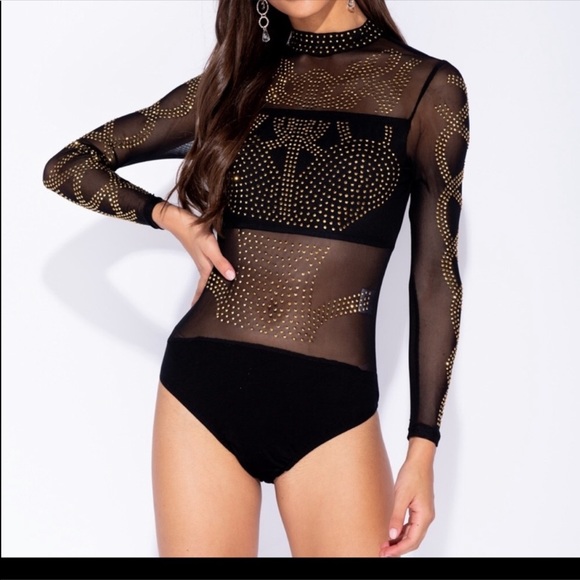 SEXY Black Mesh Bodysuit with gold studs - Picture 4 of 7